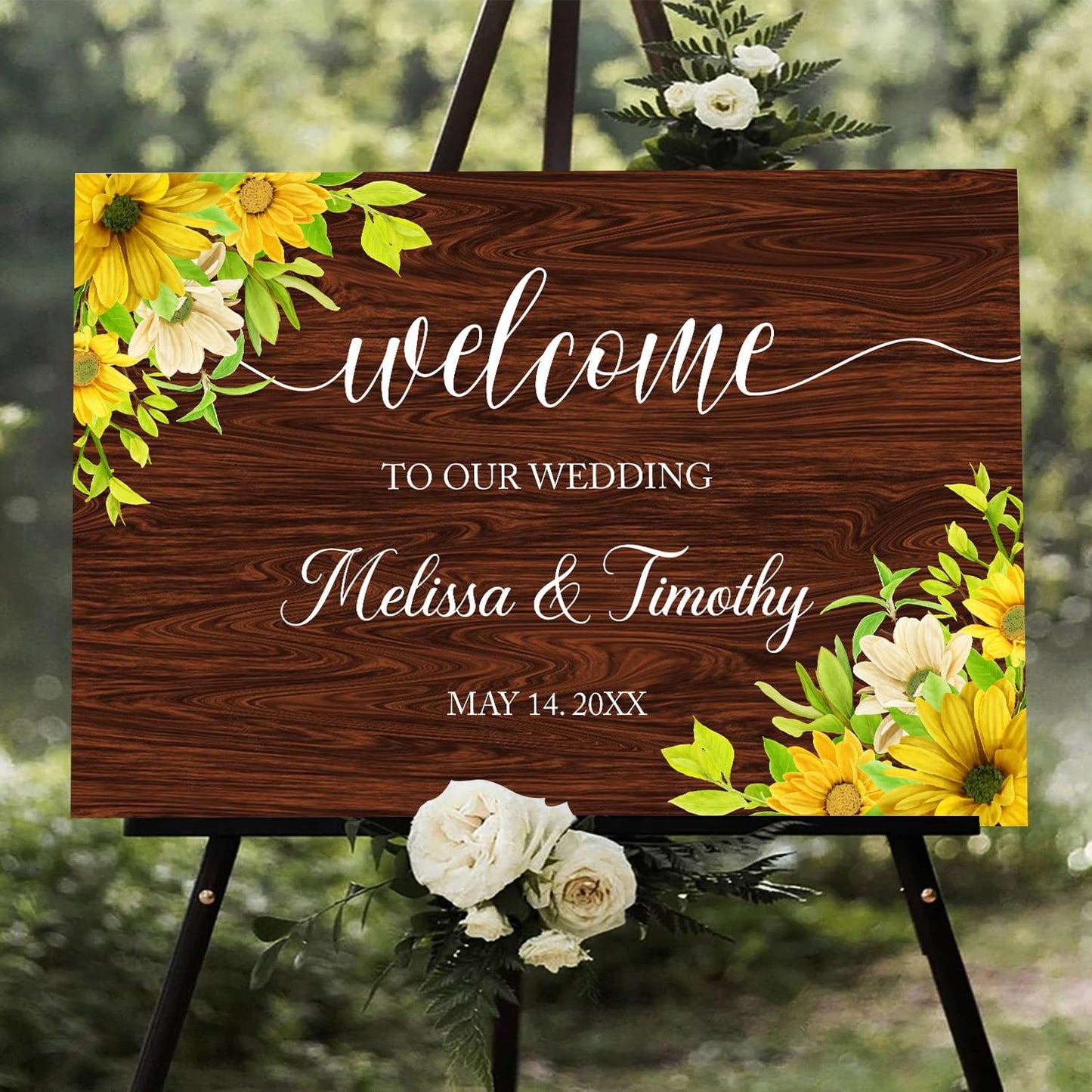 Rustic Sunflower Wedding Welcome Sign Template, Printable Wood-Inspired Welcome Sign with Watercolor Flowers for Ceremony or Reception Decoration