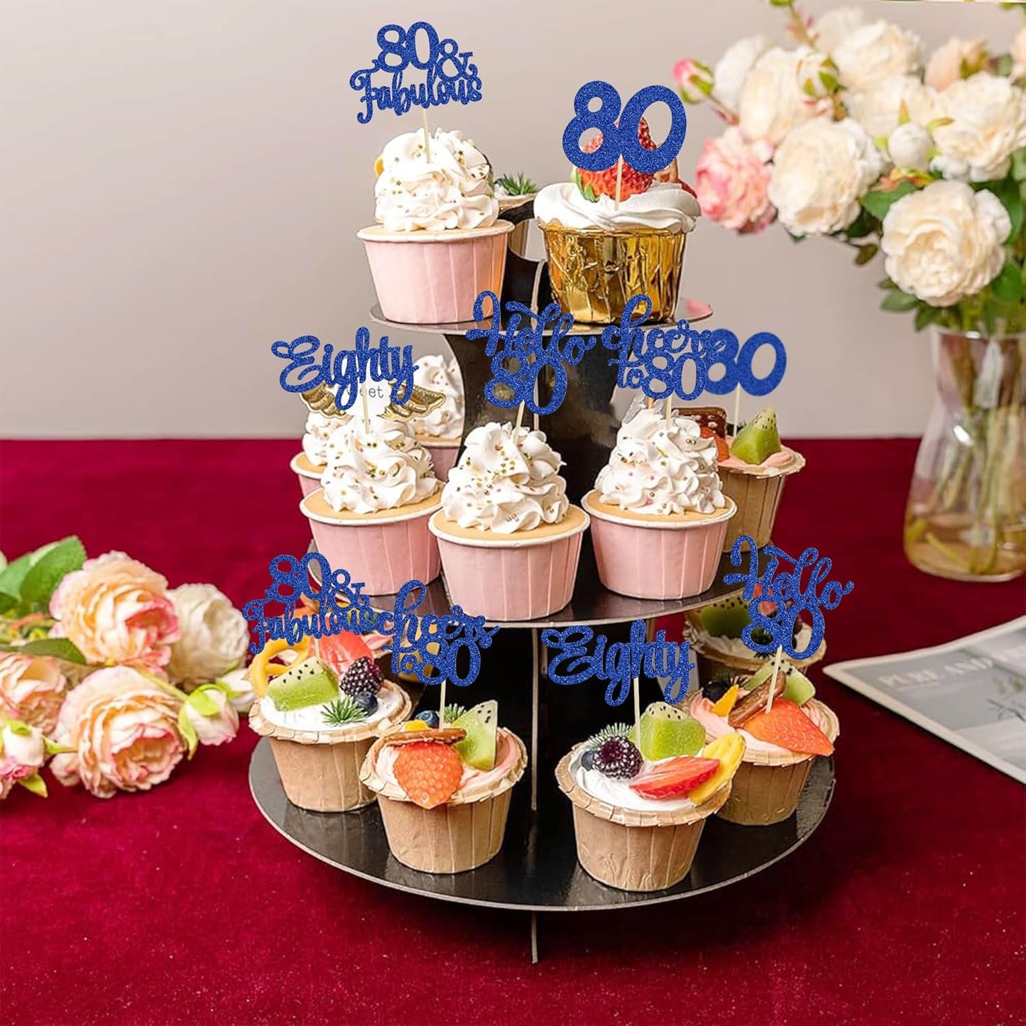 30Pcs Happy 80th Birthday Cupcake Toppers Eighty Cheers to 80 Years Old Birthday Cupcake Picks for Happy 80th Birthday Anniversary Party Cake Decorations Deep Blue Glitter