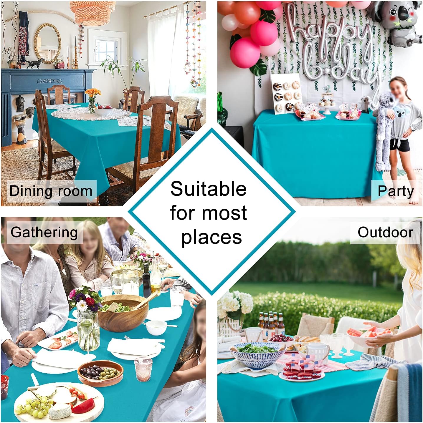 Hiasan Rectangle Tablecloth - Waterproof Washable Fabric Table Cloth for Wedding, Banquet, Gathering and Dining Room, 90 x 156 Inch, Turquoise