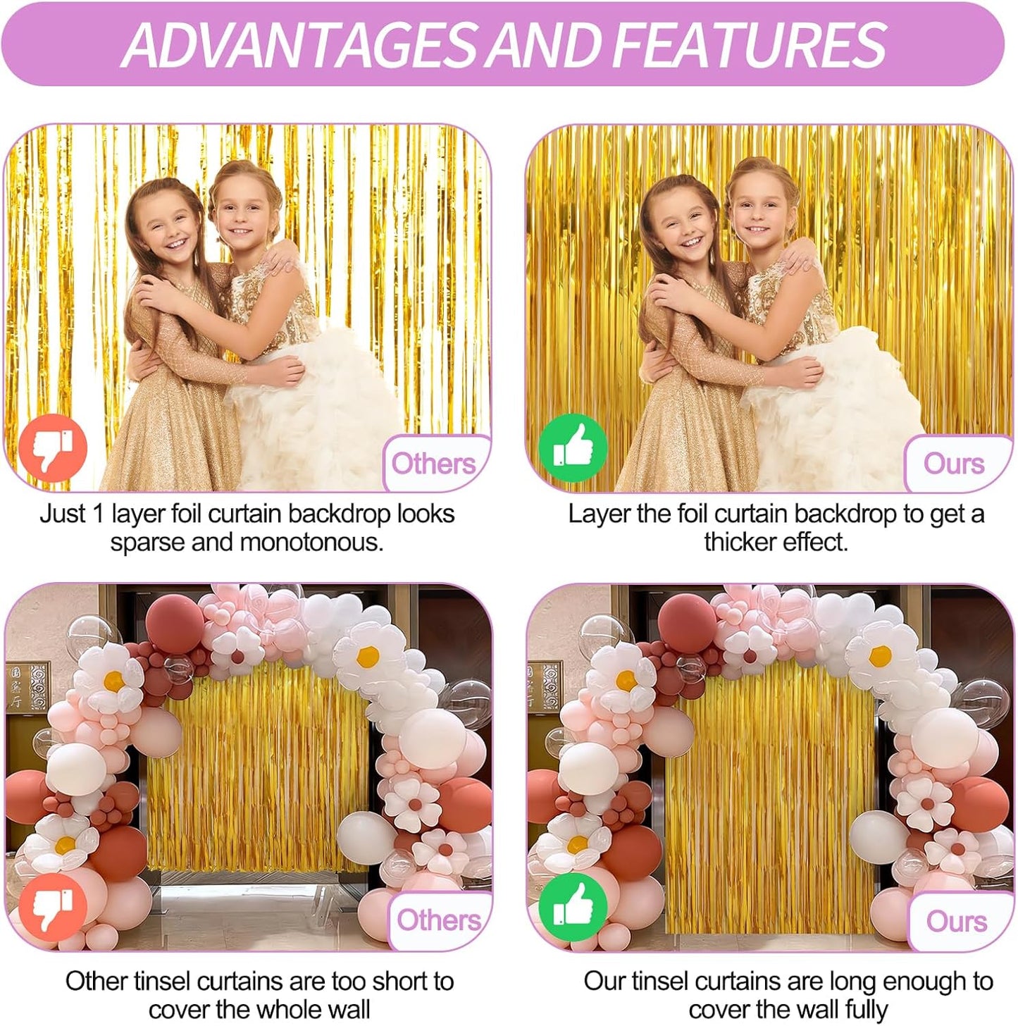 6 Pack Gold Foil Fringe Curtains Streamers Party Decorations 3.3 x 8.2 ft, Gold Tinsel Curtain Fringe Backdrop for Parties, Door Fringe Birthday Streamers, Photo Booth Backdrops, Party Decor