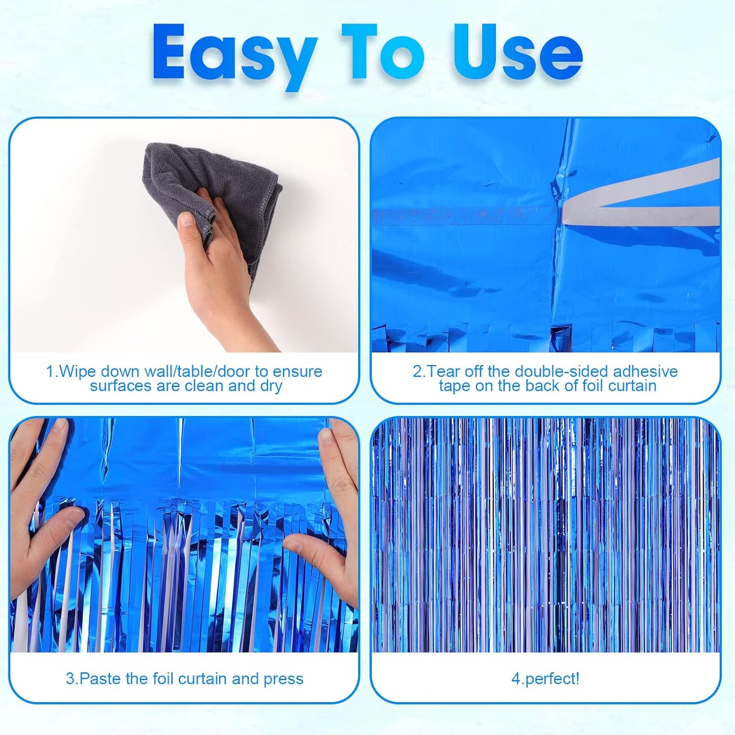 4 Pack Blue Foil Fringe Backdrop Curtains, Tinsel Streamers Birthday Party Decorations, Fringe Backdrop for Graduation, Baby Shower, Gender Reveal, Disco Party