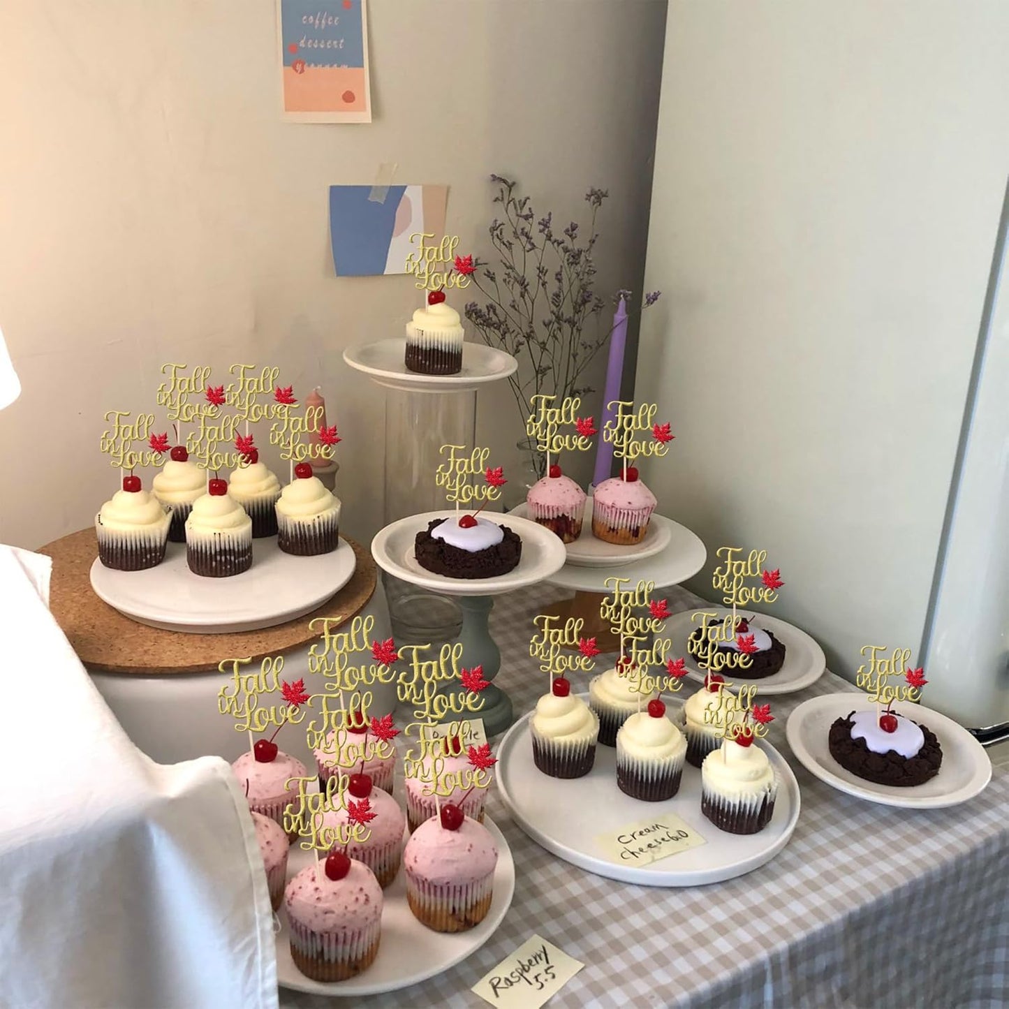 24 PCS Fall in Love Cupcake Toppers Glitter Maple Leaf Fall Theme Bridal Shower Cupcake Picks Wedding Engagement Cake Decorations for Autumn Wedding Anniversary Bridal Shower Party Supplies Gold