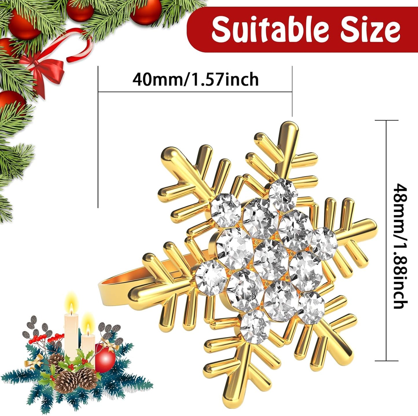 Halatool Christmas Napkin Rings Set of 6, Gold Snowflake with White Rhinestone Napkin Holder for Christmas Thanksgiving Winter Holiday Place Setting, Weddings, Party Table Decoration