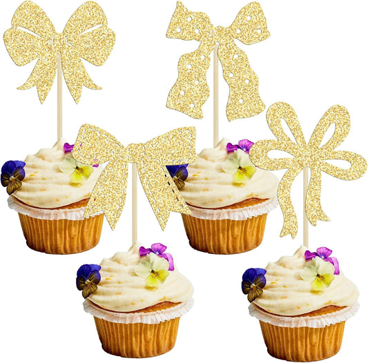 Ephlyn 24Pcs Bow Cupcake Toppers Bow Birthday Cake Topper Girls Birthday Party Decorations Bowknot Cupcake Decorations for Bridal Baby Shower Birthday Wedding Themed Party Gold