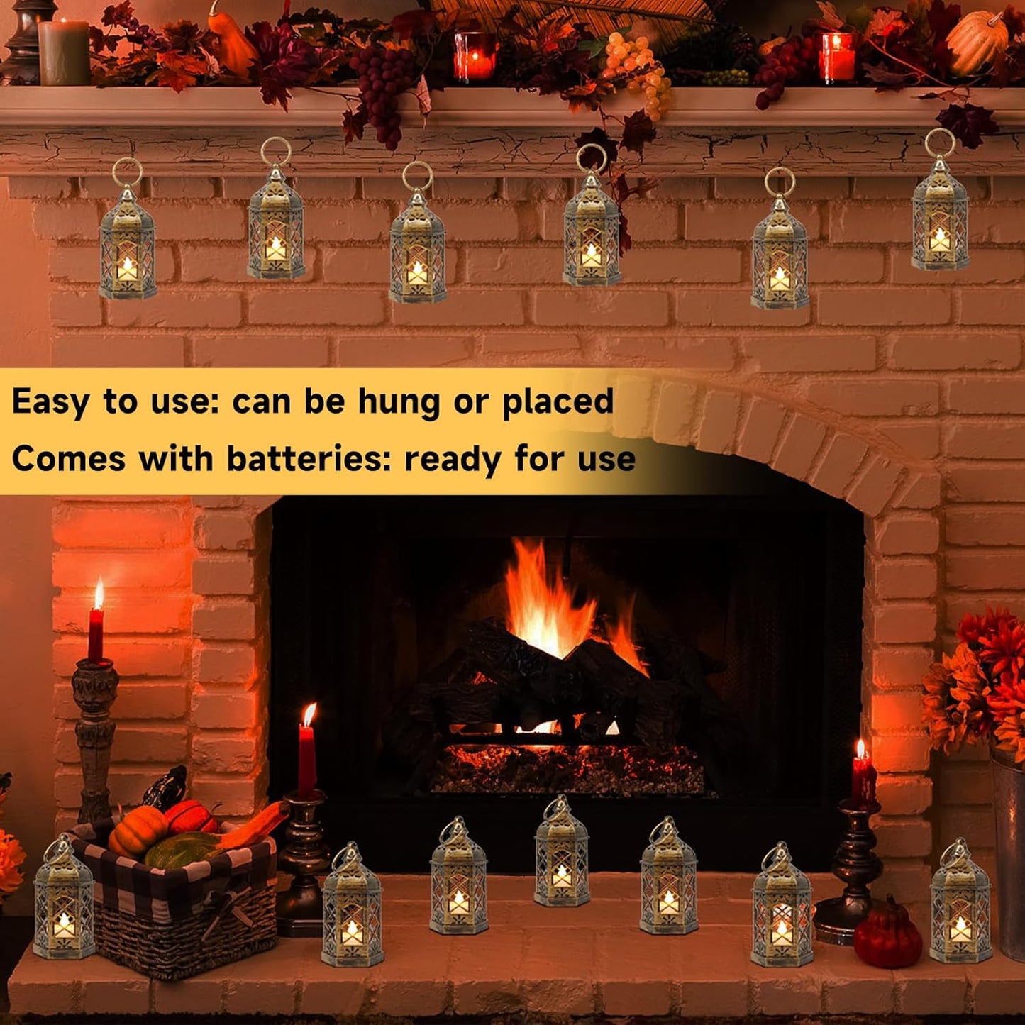 LLQ Mini Lantern with LED Candle, 12PCS Small Lanterns Decorative Indoor, Vintage Moroccan Lights for Halloween Decorations, Hanging Ornaments for Christmas, Table Centerpiece, Boho Wedding Decor