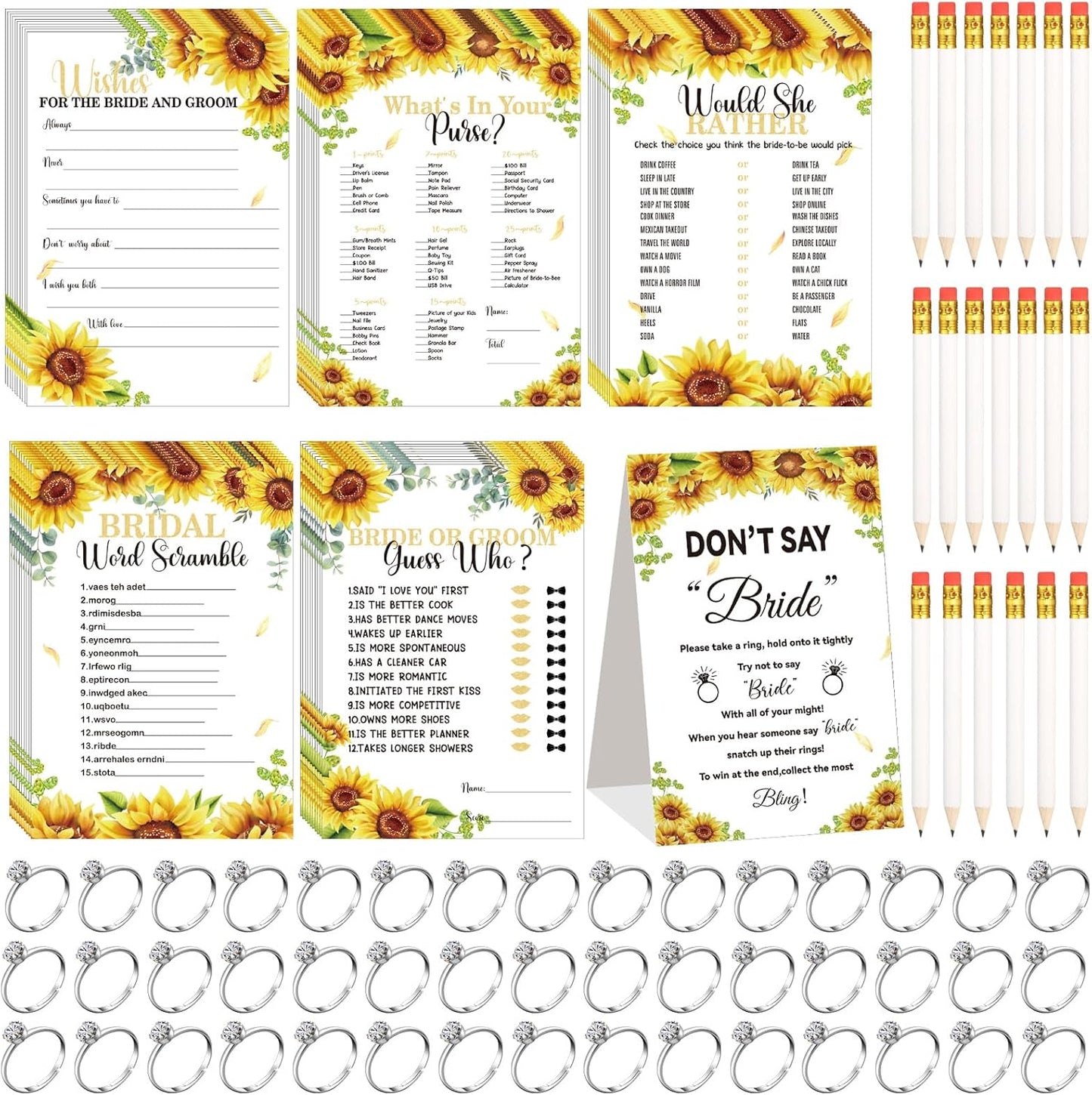 Estune 331 Pcs Bridal Shower Games Supplies, 5 Sets 250 Pcs Wedding Cards 1 Put a Ring on It Bridal Shower Games with 60 Rings and 20 Pencils(Sunflower Style)