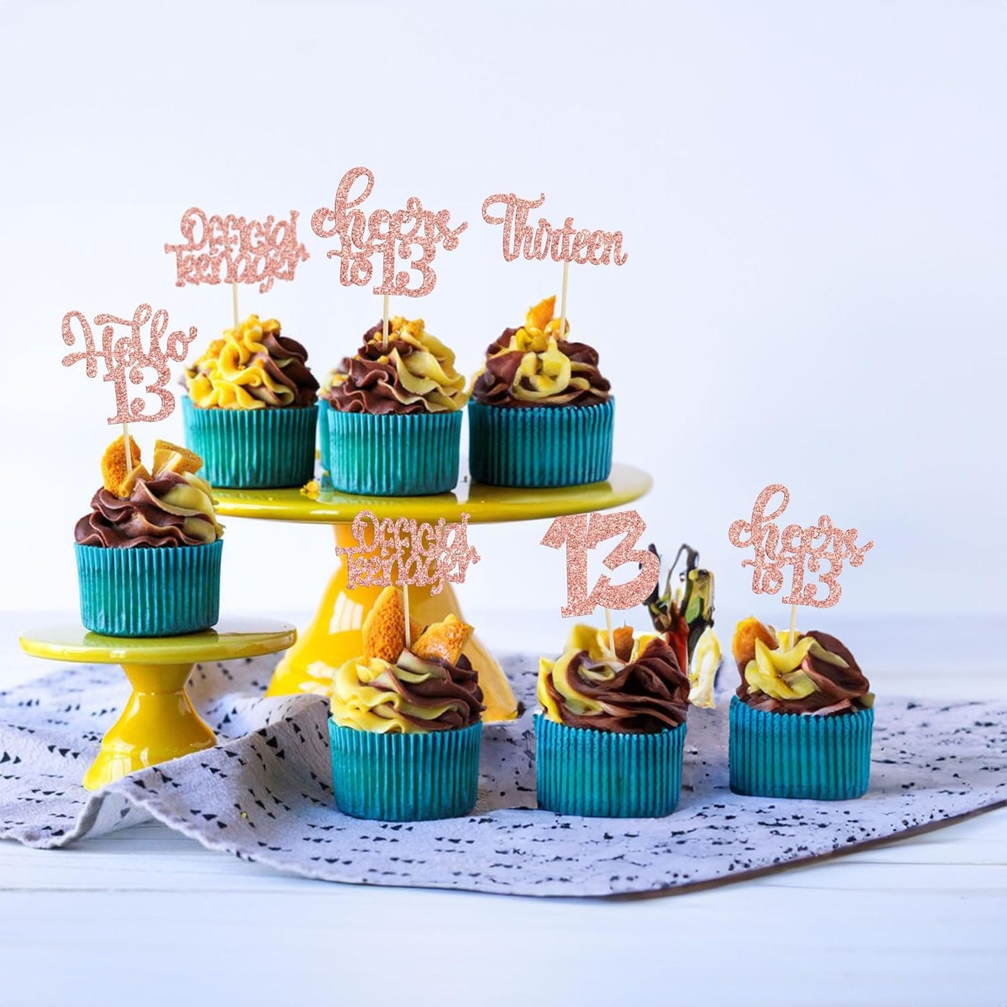 30Pcs 13th Birthday Cupcake Toppers Hello 13 Cupcake Picks Official Teenager Cheers to 13 Years Old Cake Decorations for 13th Birthday Anniversary Party Supplies Rose Gold Glitter