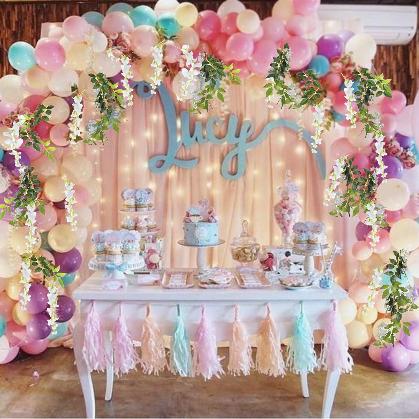 DearHouse 4Pcs 6.6Ft/Piece Artificial Flowers Silk Wisteria Garland Artificial Wisteria Vine Rattan Silk Hanging Flower for Home Garden Outdoor Ceremony Wedding Arch Floral Decor (White)
