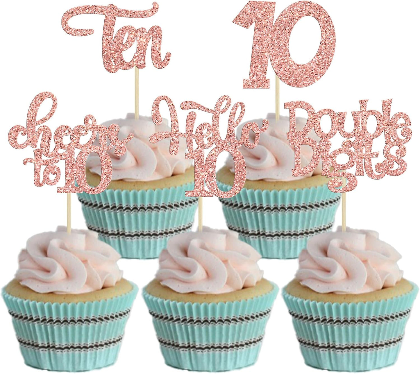 30Pcs 10th Birthday Cupcake Toppers Ten Double Hello 10 Cupcake Picks Cheers to 10 Years Old Cake Decorations for 10th Birthday Party Supplies Rose Gold Glitter