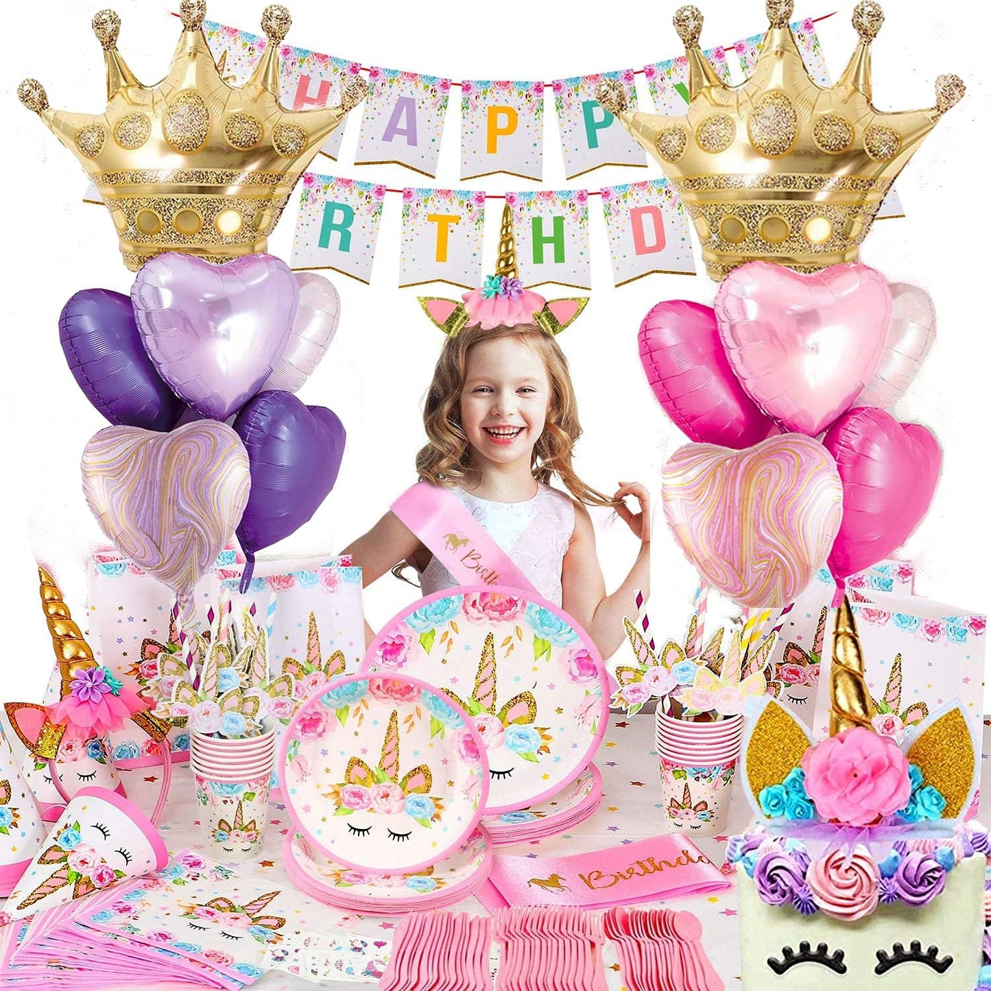 Pink Balloons Birthday Decorations，Gold Crown Princess Foil Balloons Set for Girls Women Party Decorations Baby Shower