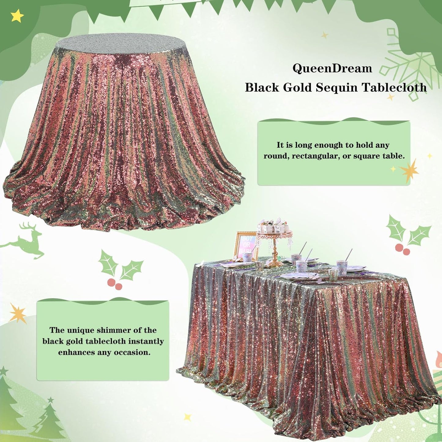 QueenDream Sparkly Sequin Tablecloth - Black GoldTable Cloth 50x80 Inches Rectangle Table Overlay Fabric for Birthday Parties Baby Shower Decoration