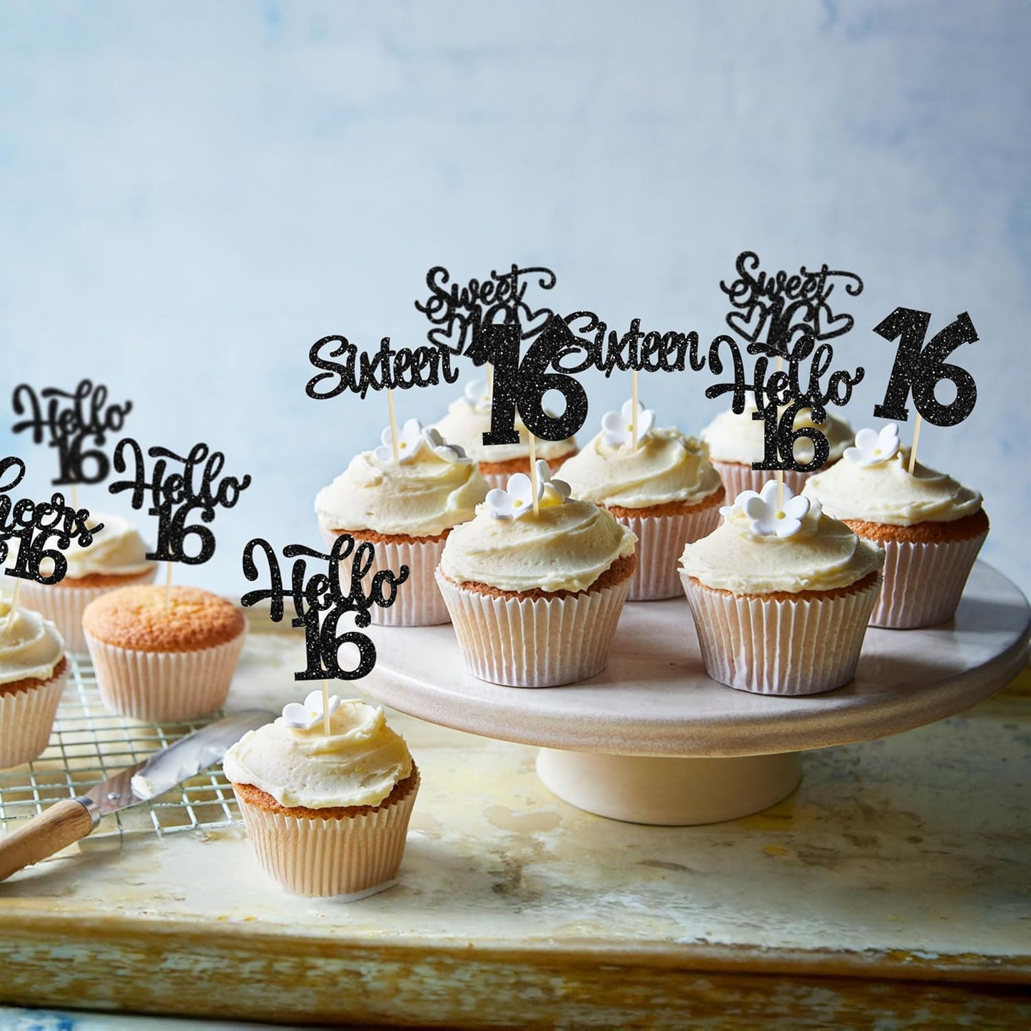 30pcs 16th Birthday Cupcake Toppers - Sixteen Happy Cupcake Picks, Cheers to 16 Sweet 16 Cake Decorations for 16th Birthday Party Supplies - Black Glitter
