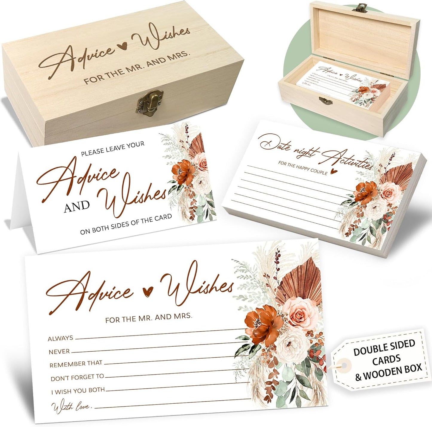 Boho Advice and Wishes for the Mr and Mrs - 50 Packs Wedding Advice Cards Bridal Shower Game Cards with Box Reception Guest Book for Bride Groom Newlywed Engagement Party Decoration -A08