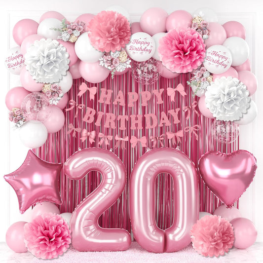 20th Birthday Decorations for Girls Pink Number 20 Balloon Bow Coquette Happy Birthday Banner Fringe Curtain Paper Pom Poms Star Heart Foil Pink White Balloons 20 Year Old Party Decor for Her