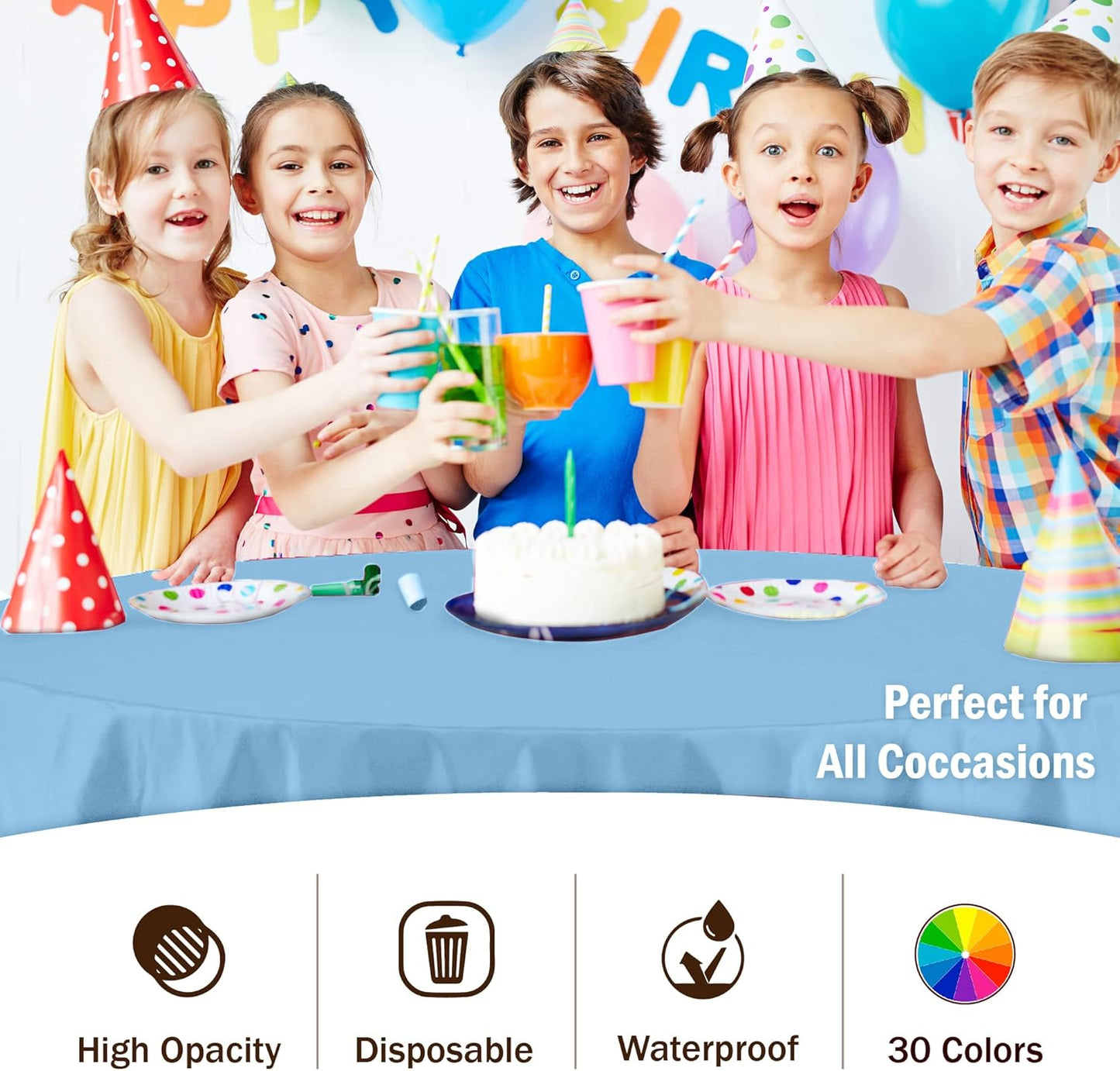 Party Solids 12-Pack Premium Plastic Tablecloth 84in. Round Table Cover - Light Blue