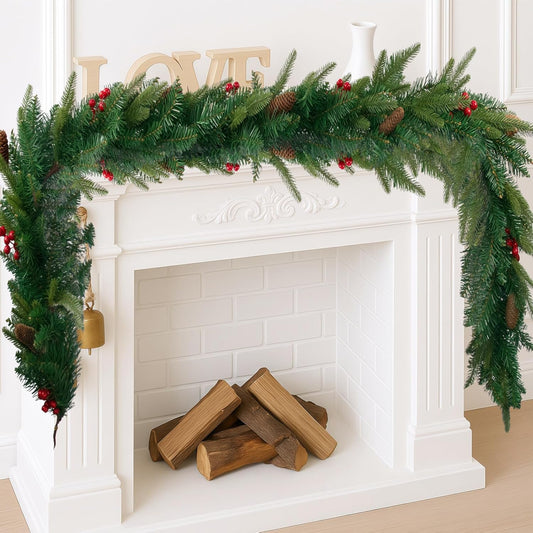 9FT Christmas Garland Artificial Norfolk Pine Tree Greenery, Cedar Cypress with Red Berries Pine Cones, Realistic Winter Holiday Mantel Fireplace Door Table Decor, Indoor Outdoor