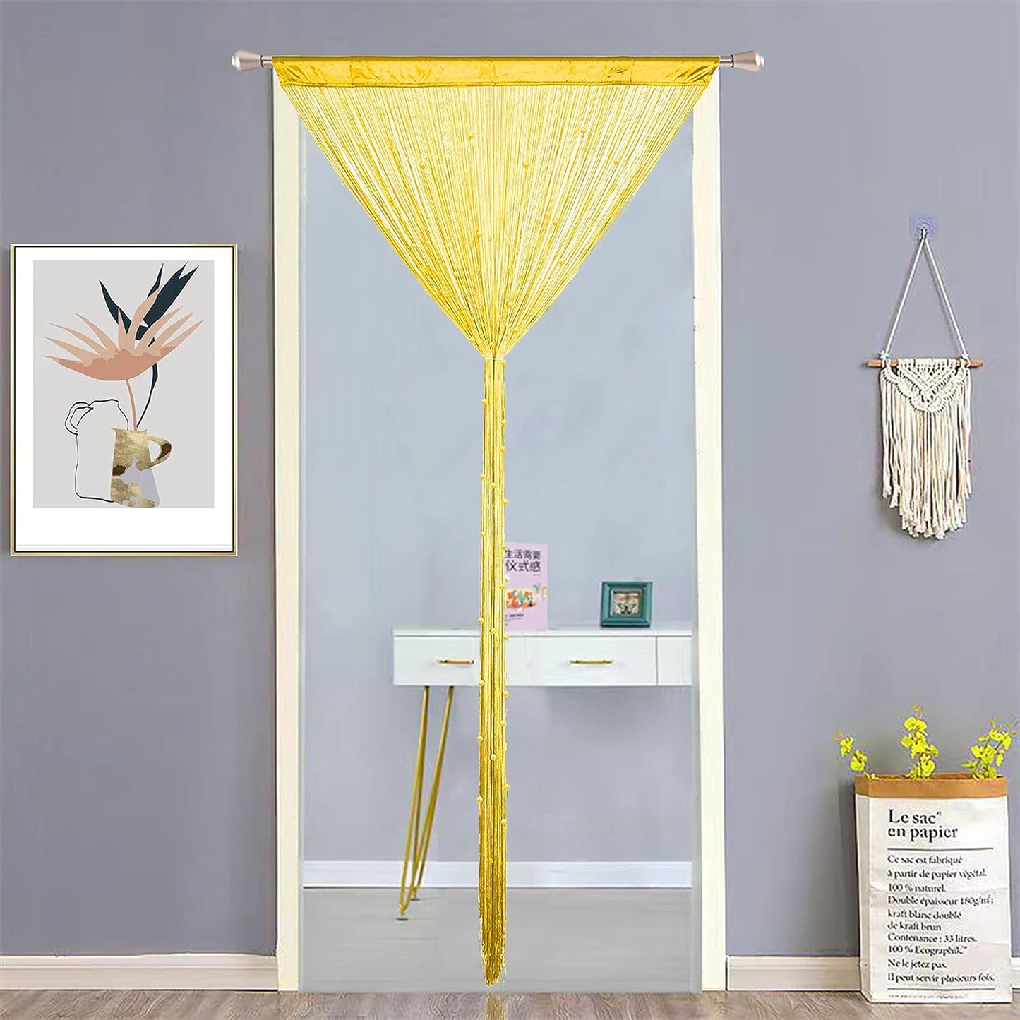 Beaded Curtain Beads Door String Curtains Ideal for Living Room Decor Wall Hanging Fringe Doorway Divider Bedroom Backdrop Hippie Window Closet Privacy Rod Pocket Dense (100x200cm,Yellow)