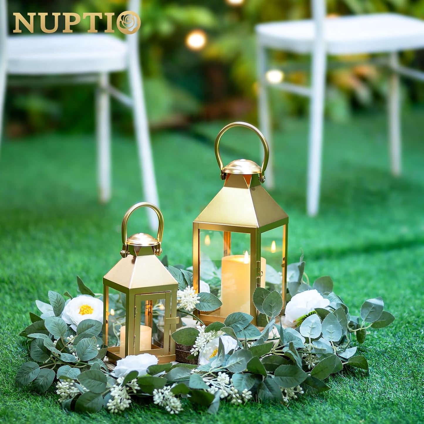 NUPTIO Gold Lanterns Decorative for Wedding: 11.2 Inch Tall Metal Lantern Decor with Glass - Outdoor Pillar Candle Holder for Table Centerpiece Dining Room Mantel Patio
