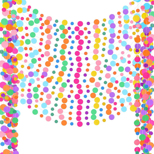 Outus 20 Pieces Colorful Dots Paper Garland Round Glitter Garland Hanging Confetti Streamers Backdrop for Candy Birthday Classroom Halloween Trunk or Treat Car Decoration (Rainbow)