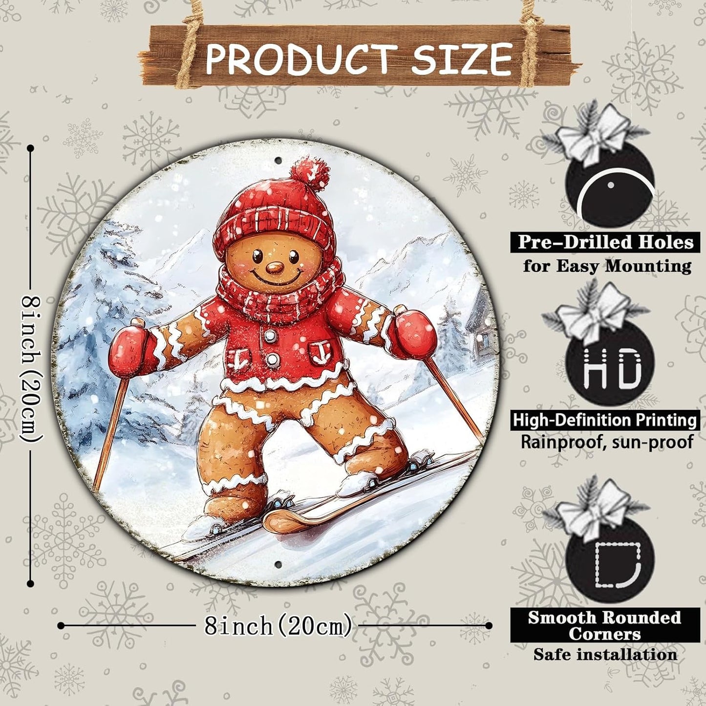 Round Gingerbread Man Ski Vintage Metal Sign Skiing Sign, Office Sign Home Décor Ski Lodge Décor Cabin Tin Sign 8 * 8 in
