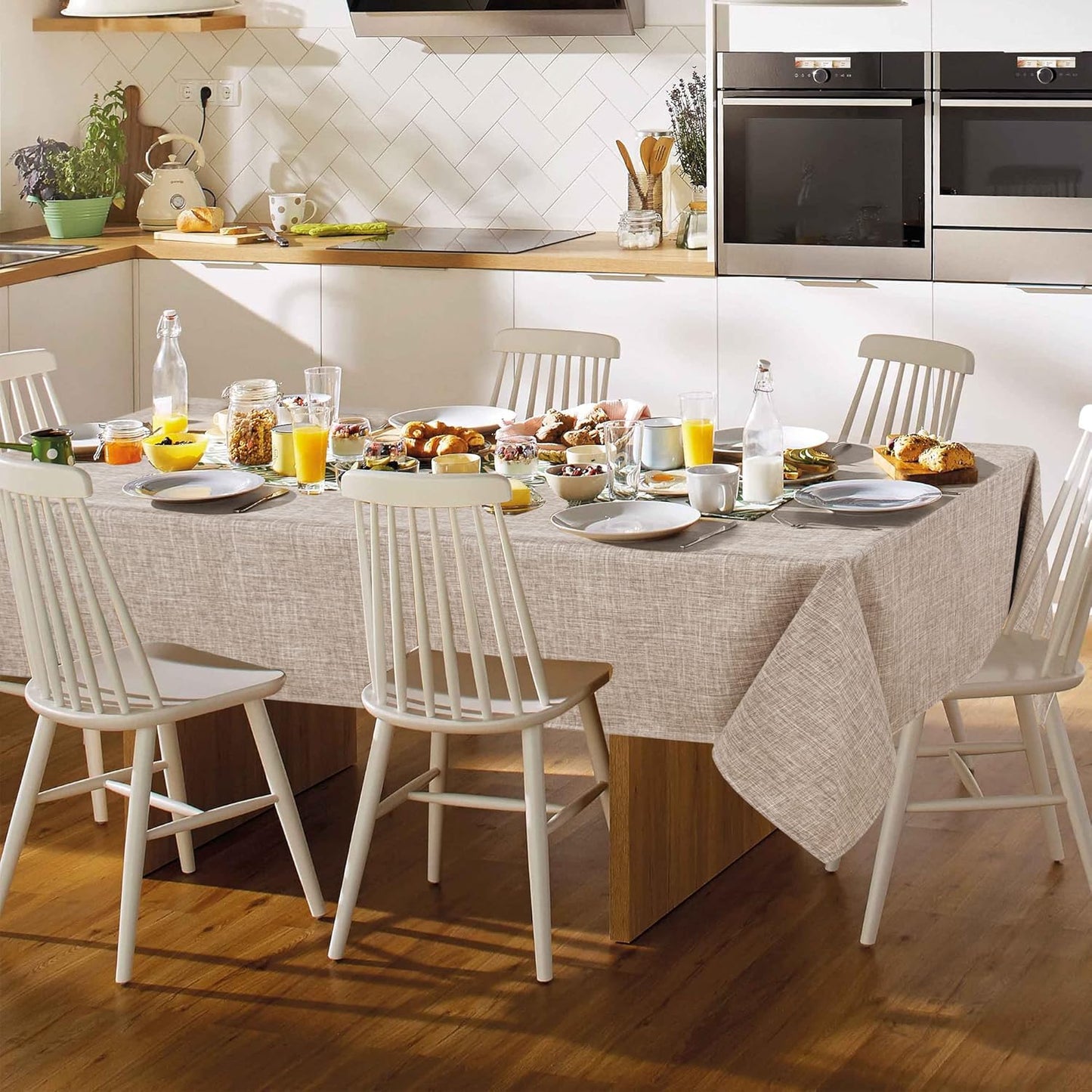 Fitable Linen Textured Tablecloth Washable Fabric Rectangle Table Cloth for 8 Foot Tables, Holiday Table Cover for Kitchen Dining, Party, Farmhouse (Nature, 54 x 108 Inch)