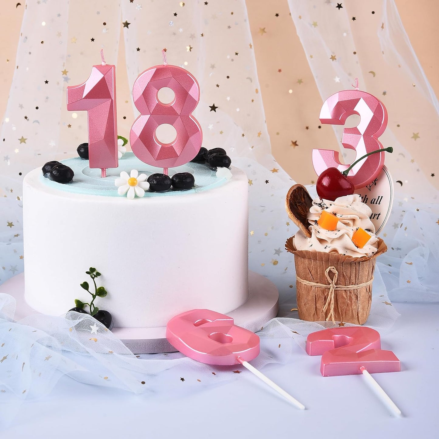 PHD CAKE 2.76 Inch Crystal Pink 3 Number Birthday Candles, Pink Number Candles, Cake Number Candles, Party Celebration