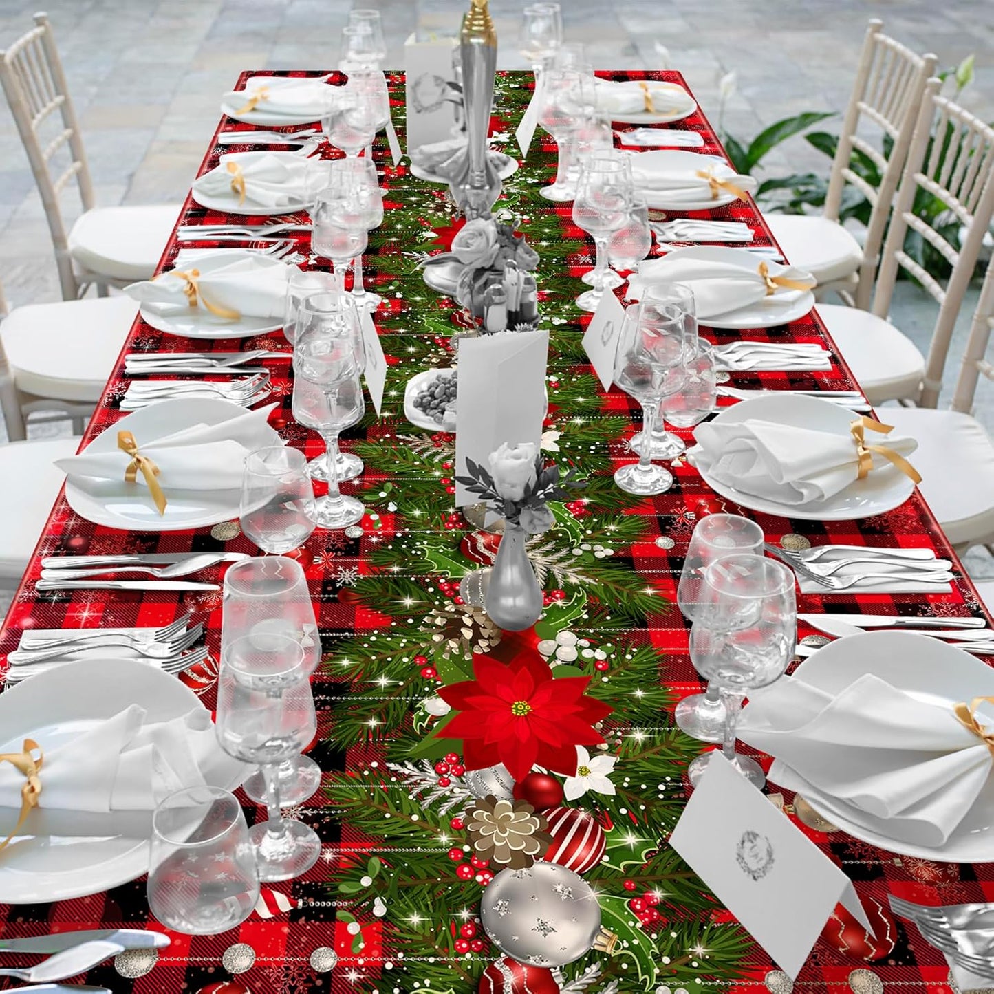 6Pcs Christmas Buffalo Plaid Snowflake Tablecloths,Plastic Red and Black Checkered Rectangle Christmas Tree Color Ball Table Cover for Winter Christmas New Year Holiday Party Decorations,54x108 inch