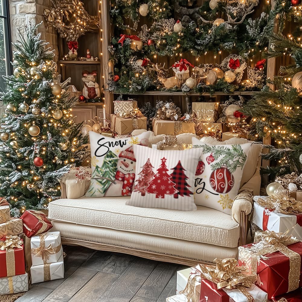 GEEORY Winter Christmas Throw Pillow Covers 20 x 20 Inch Set of 4, Xmas Trees Snowflake Snowman Joy Holiday Farmhouse Decorative Cushion Cases for Home Decoration G583-20