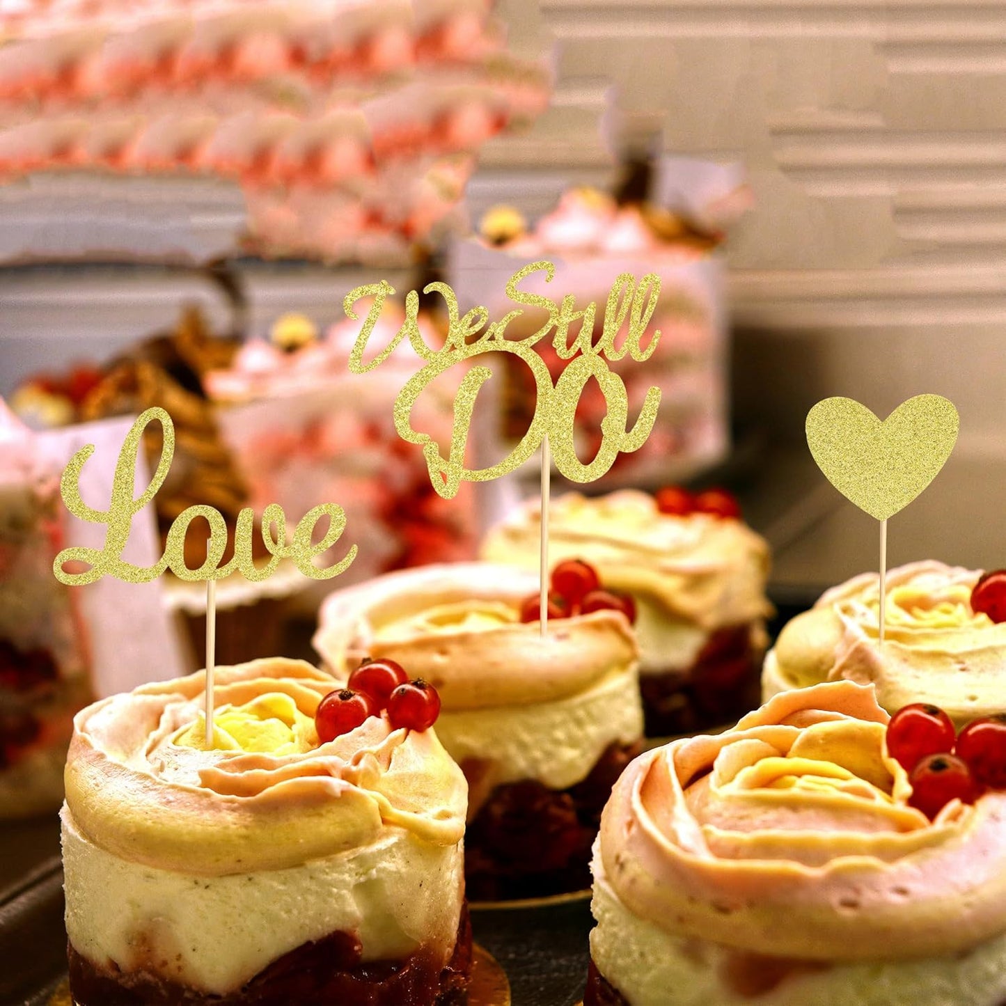 24Pcs We Still Do Cupcake Toppers Glitter Love Heart Marriage Anniversary Cupcake Picks Bridal Shower Wedding Engagement Birthday Cake Decorations Supplies - Gold Glitter