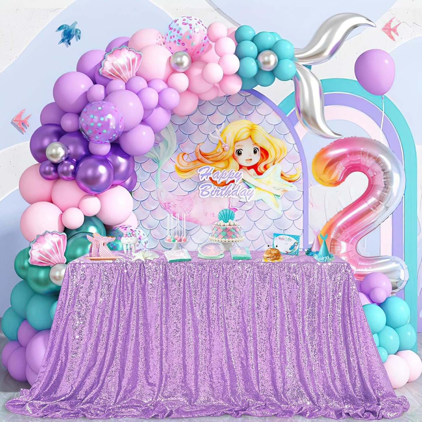QueenDream Lilac Sequin Tablecloth 60"x102" Mermaid Tablecloth Lavender Glitter Tablecloth for Wedding Birthday Baby Shower Mermaid Decorations