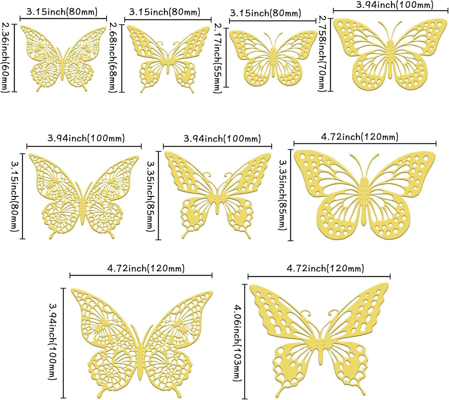 Gyufise 36 Pack Gold Glitter 3D Butterfly Cupcake Toppers Hollow Cake Decorations for Birthday Wedding Fairy Party Wall Sticker Decal
