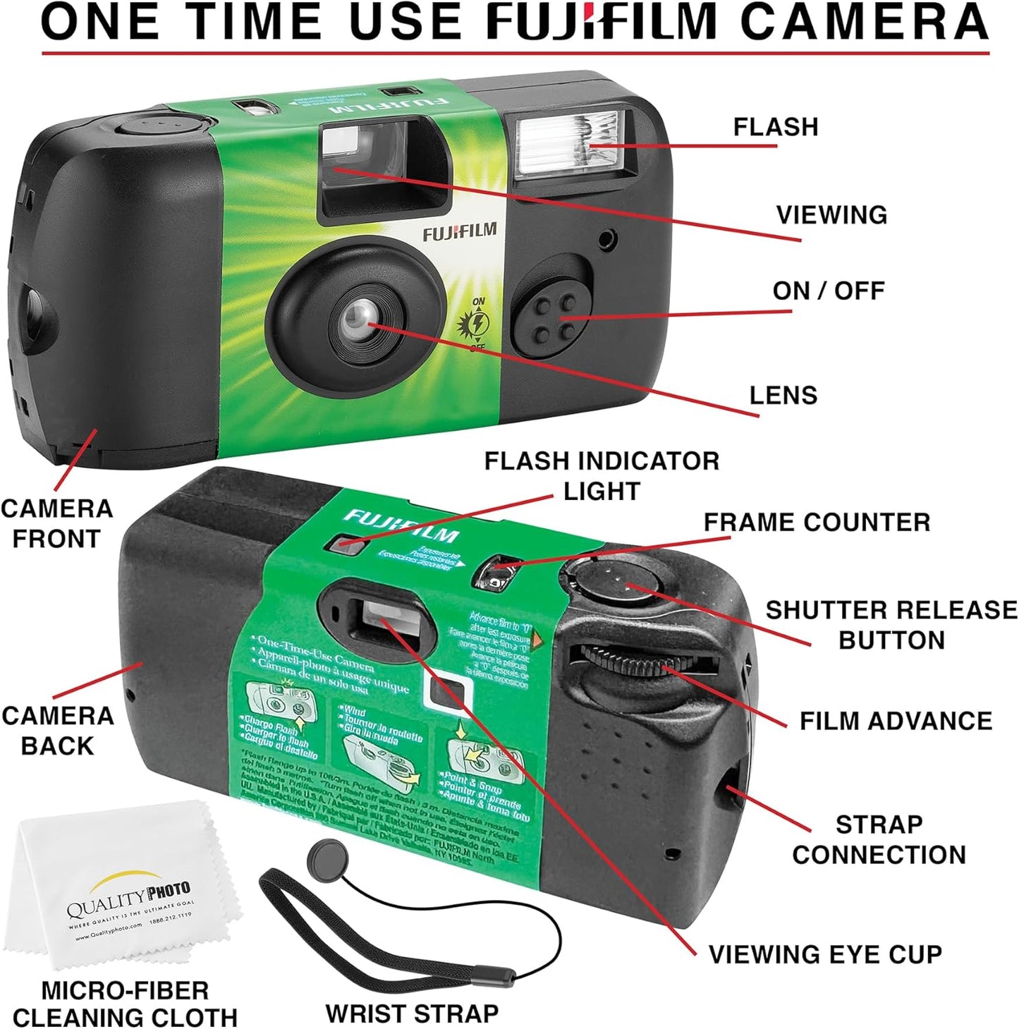 Fujifilm QuickSnap Flash 400 Disposable 35mm Camera + Hand Strap + Quality Photo Microfiber Cloth (2 Pack)