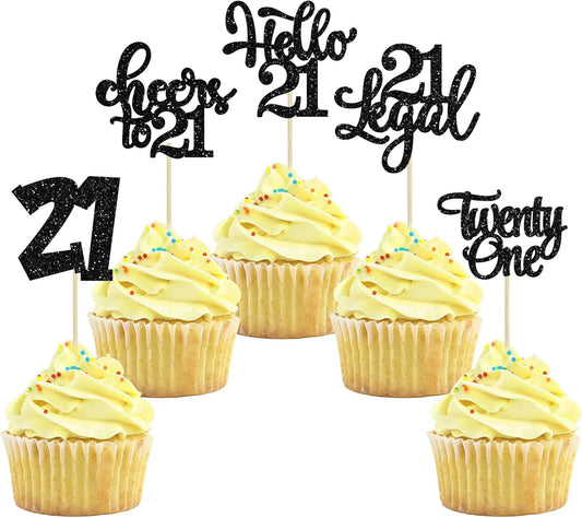 30pcs 21st Birthday Cupcake Toppers - Legal 21st Cupcake Picks - Cheers to 21 Years Old Cake Decorations - Black Glitter