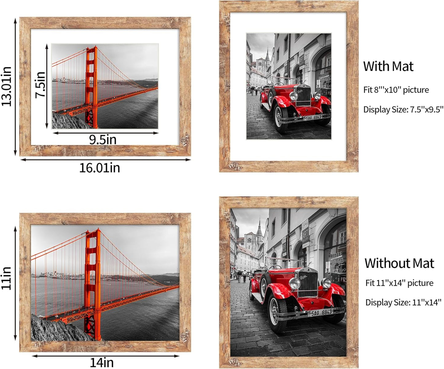 11x14 Picture Frame Set of 4, High Definition Tempered Glass 11 x 14 Frames Display 8x10 Pictures with Mat, Mixed Color Wood Photo Frame Wall Mounting