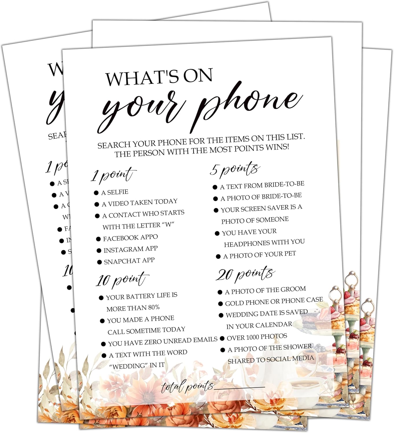 Fall Bridal Shower Games Cards, What's On Your Phone Wedding Bachelorette Party Games, Fall in Love Bridal Shower Decorations, 25 Cards, G10