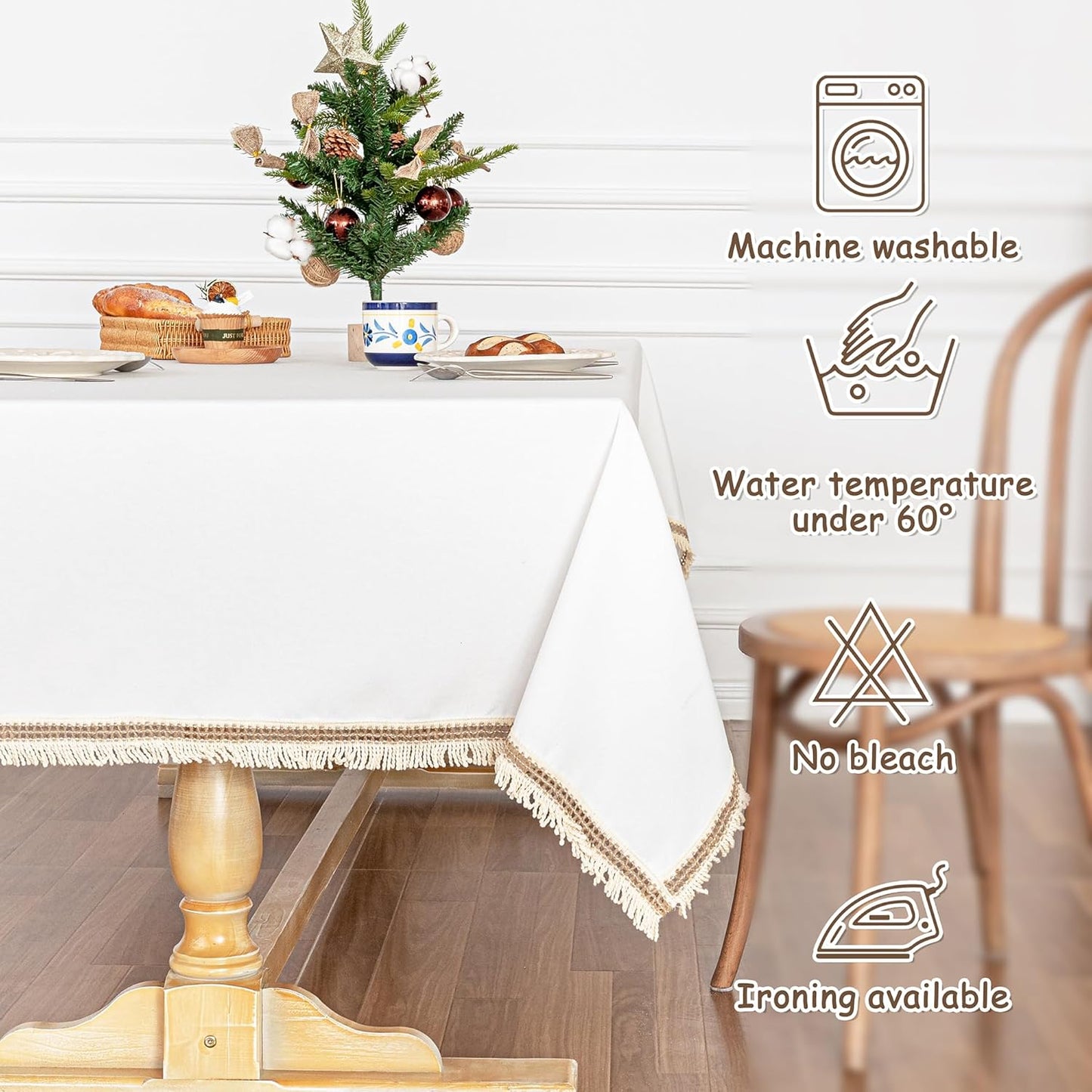 MYSKY HOME Table Cloth, Waterproof Tablecloths for Rectangle Tables, Cotton Rustic Tablecloths, White Table Coths Heavy Duty with Linen Tassels for Kitchen Dining, Party, Holiday, Christmas, 55''x86''