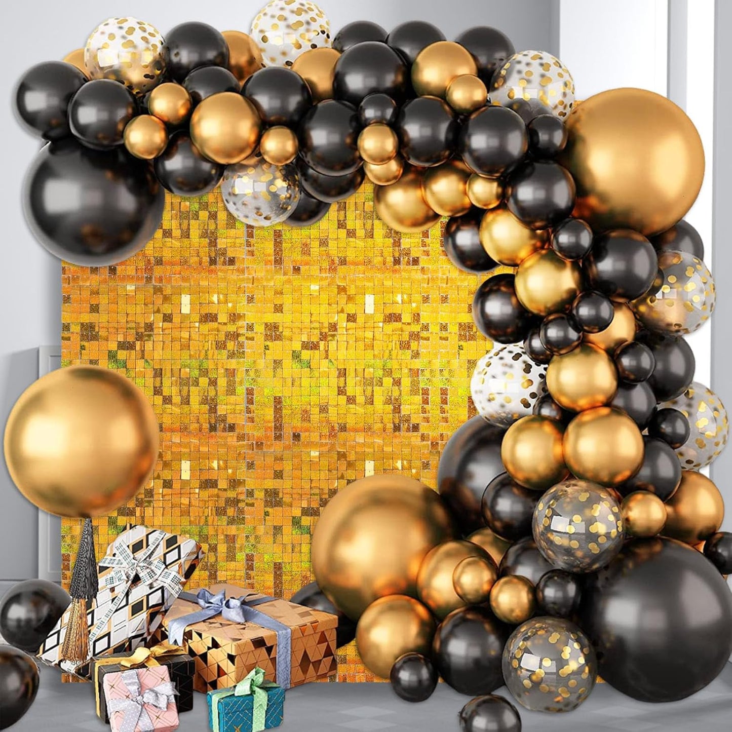24PCS Gold Shimmer Wall Backdrop, Laser Square Sequin Photo Backdrops Panel, Glitter Wall Background for Birthdays, Weddings, Christmas, Engagements, Disco Bachelorette Party Decoration (4FTx6FT)
