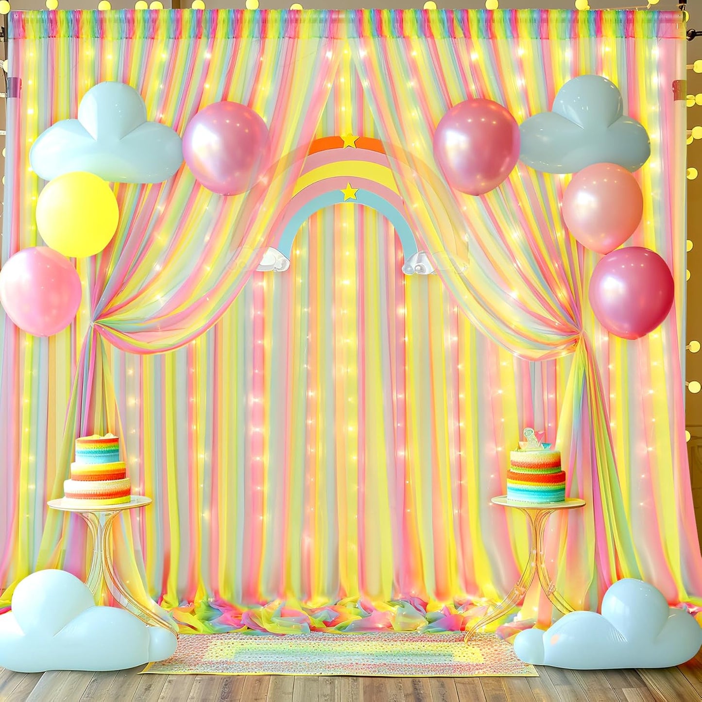 Rainbow Tulle Backdrop Curtain with Lights String 10x8ft Rainbow Sheer Backdrop Curtains for Girls Birthday Party Baby Shower Photo Shoot Background Decorations