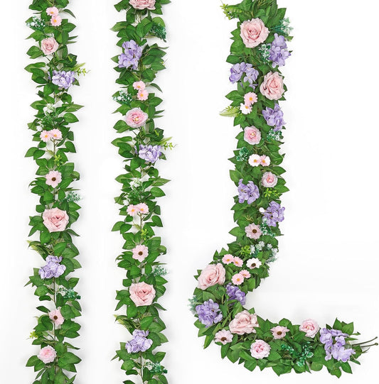 Dremisland 2PCS Artificial Rose Vine Fake Flower Garland 6FT Faux Silk Rose Hanging Vine Floral Garland Daisies Hydrangeas Ivy Vines for Wedding Party Wall Arch Garden Background Decor