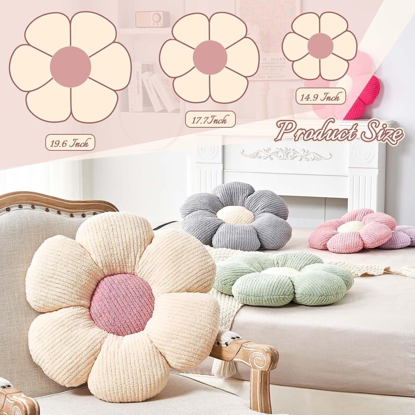 Flower Throw Pillow, Soft Hot Pink 19.6" Shaped Floor Pillow for Home Decor, Cute Aesthetic Plush Decorative Pillows for Bed, Sofa, Couch