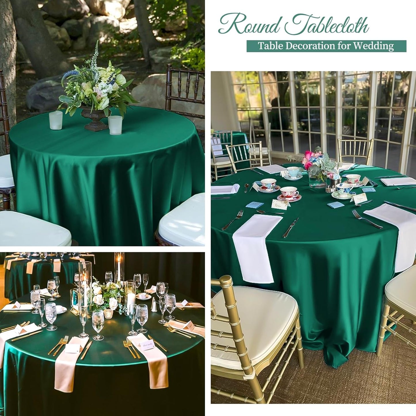 12 Pack 120 Inch Hunter Green Satin Tablecloth - Premium Bright Silky Round Tablecloth Overlay Smooth Fabric Table Cover, Table Decoration for Wedding Party Banquet Events Restaurant Kitchen Dining