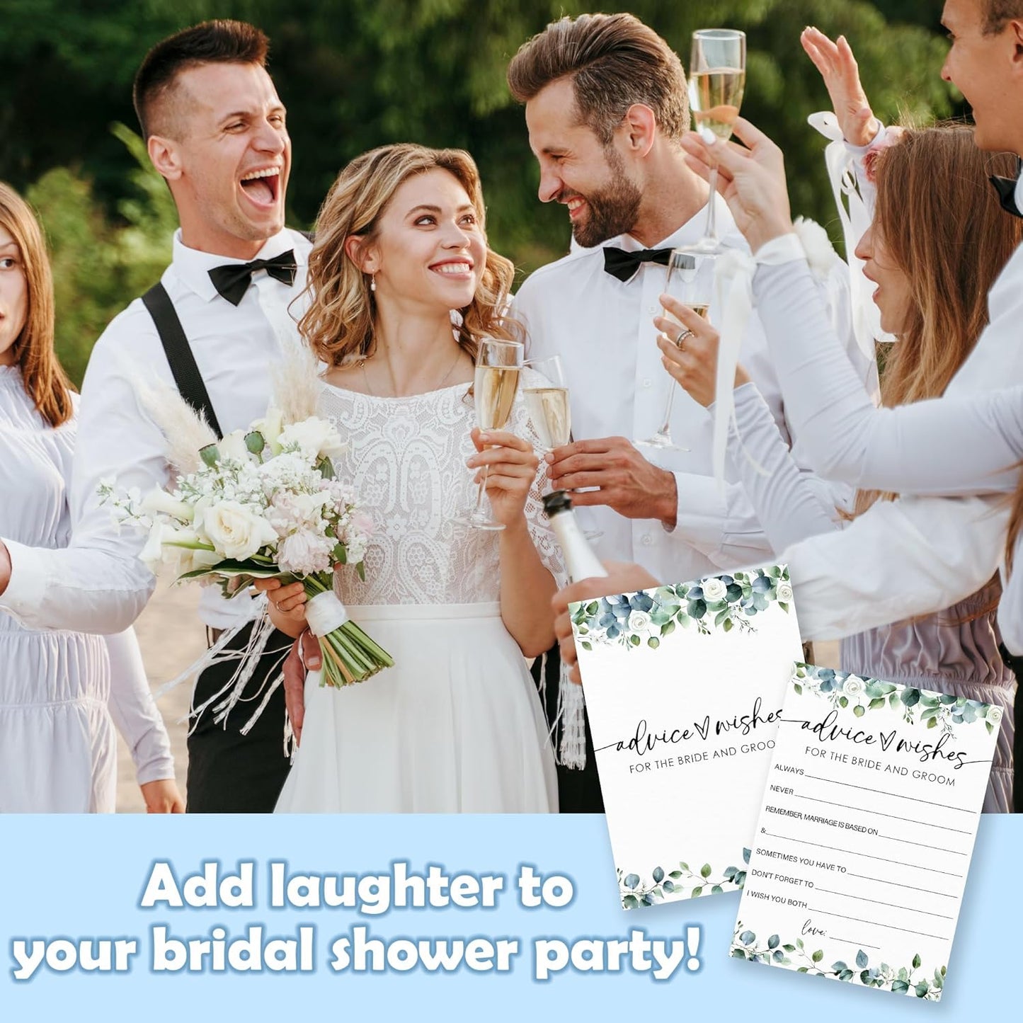 Advice & Wishes - Botanical Bridal Shower Game Cards - 50 Pcs Eucalyptus Leaves Game Cards - Funny Wedding Party Games for Bride & Groom - Activities for Bachelorette Party - A02