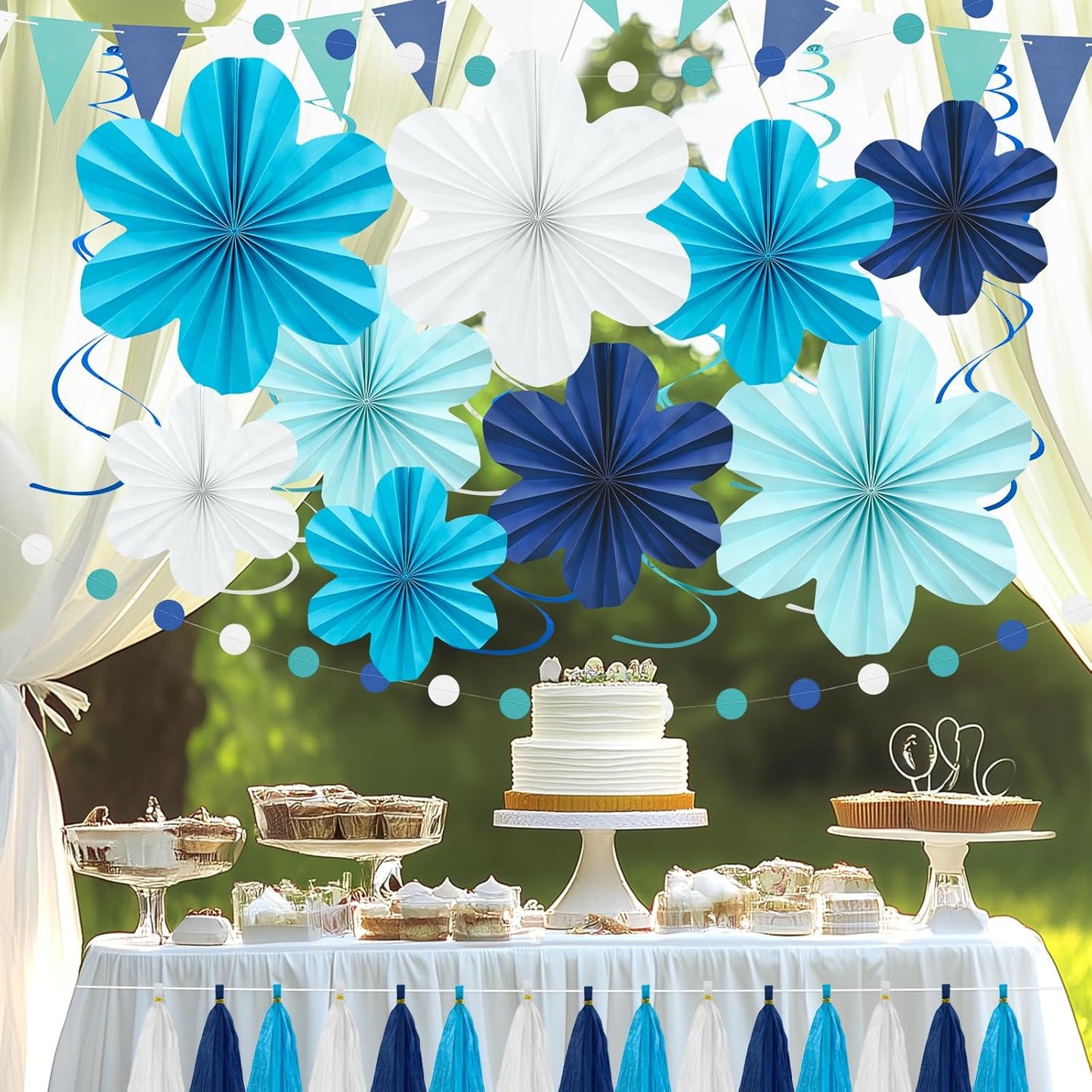 Navy Blue Party Decorations Set, 22 Pcs Hanging Paper Flowers, Tassel Garland & Swirls for Weddings, Bridal Showers, Baby Showers, Birthday, Classroom Decor, Backdrop Supplies