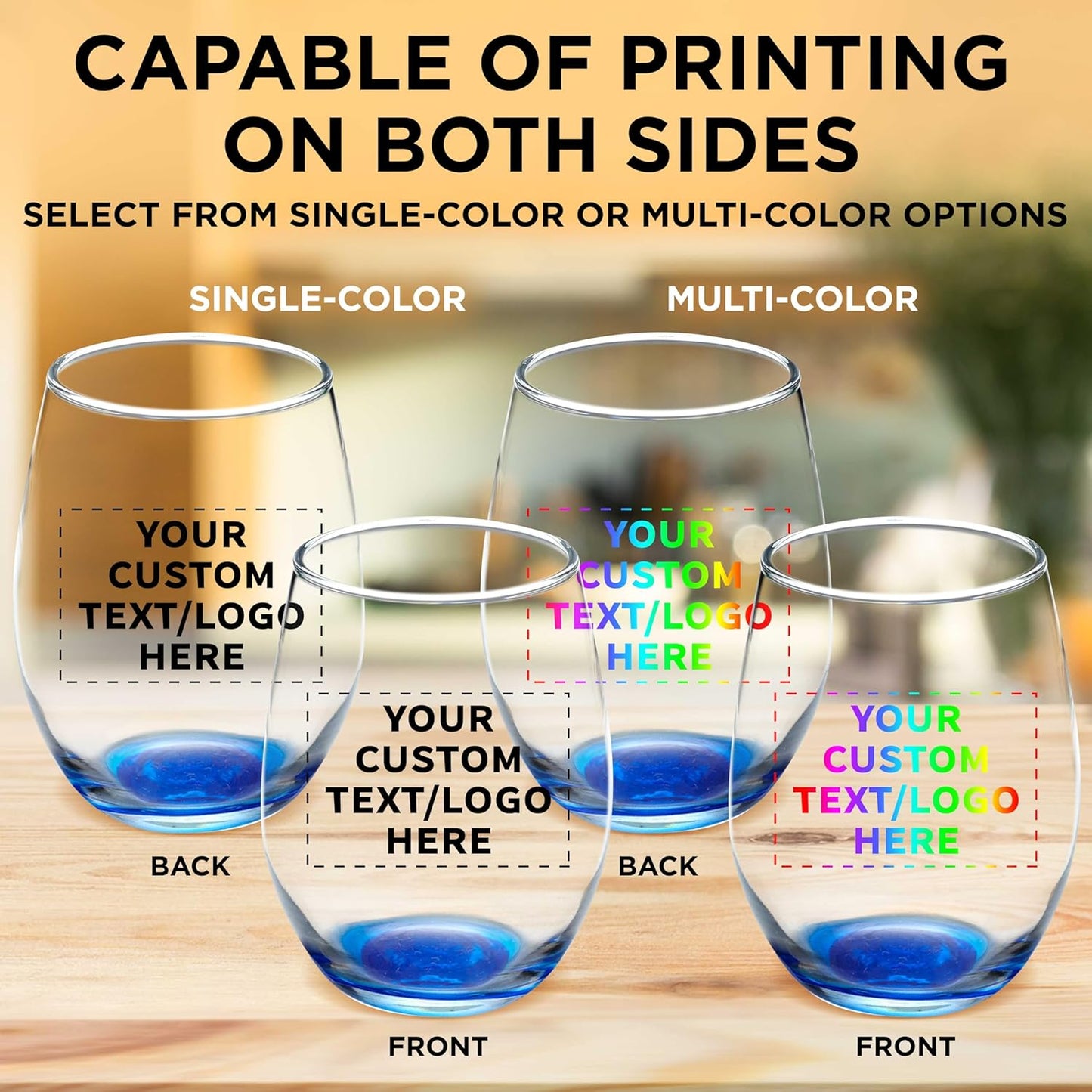 Custom Stemless Wine Glass 9 oz. Set of 10, Personalized Bulk Pack - Great for Wedding Favors, Bachelorette Party Decorations, Party Favors, Color Bottom - Blue