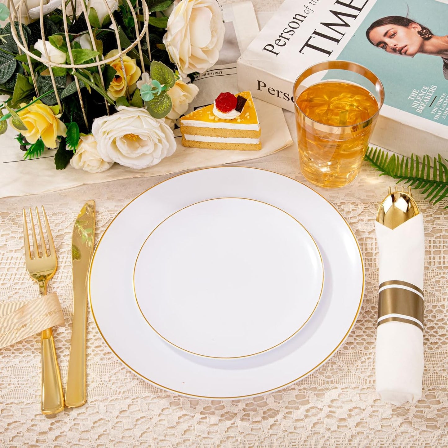 KIRE 350 PCS White and Gold Plates Disposable - Elegant Dinnerware Set of 50 Guest, White Plastic Plates With Gold Rim, Pre Rolled Napkins with Silverware & Cups for Thanksgiving Party/Wedding
