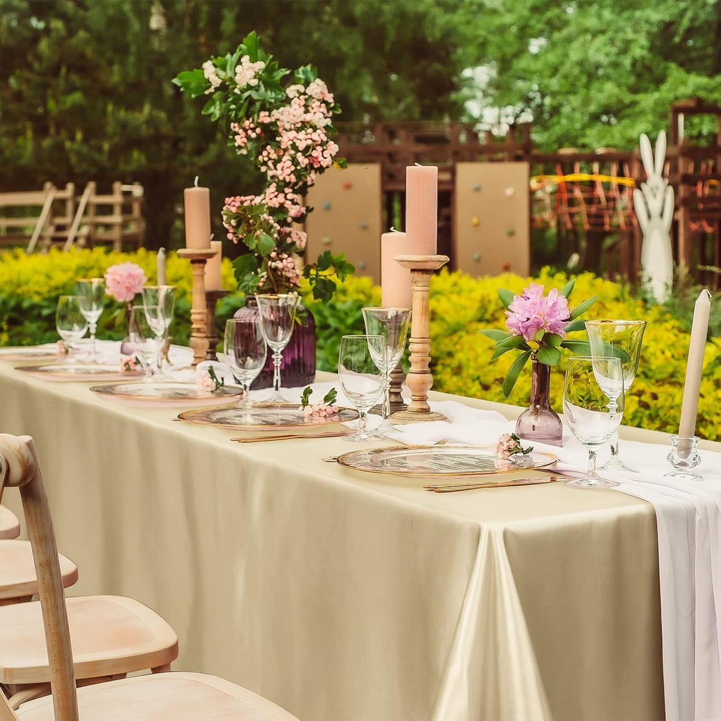 TURSTIN 4 Packs Champagne Satin Tablecloth 102 x 58 Inch Overlay Satin Table Cover Rectangle Bright Silk Tablecloth Smooth Fabric Table Decoration for Wedding Banquet Party Events