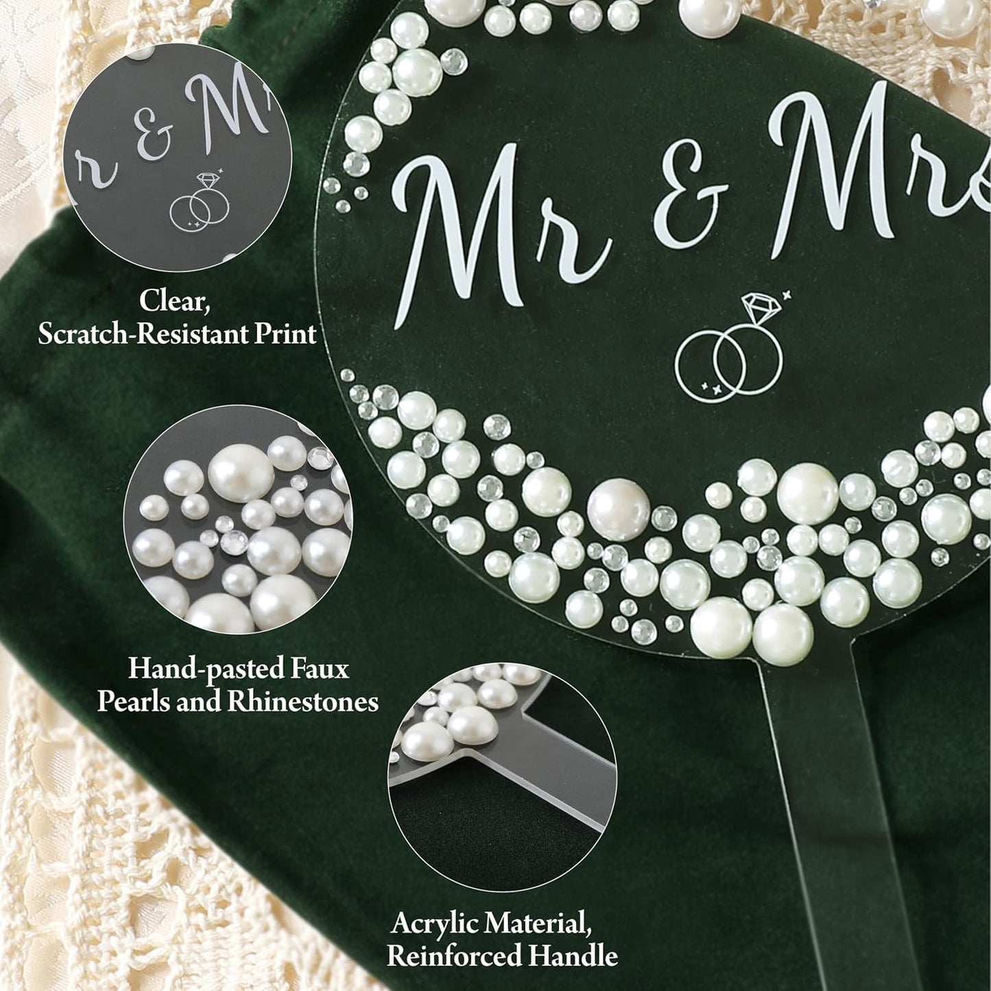 Coucoland Mr and Mrs Cake Topper - Acrylic Wedding Cake Decor with Pearls and Rhinestones for Engagement Bridal Anniversary