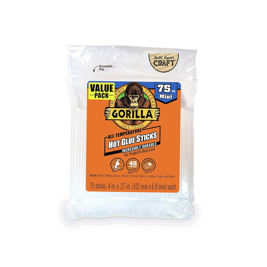 Gorilla Hot Glue Sticks, Clear Glue, Mini Size 4" Long x 0.27" Diameter, 75 Count (Pack of 1) - Safe for All Temperatures with Extended Working Time