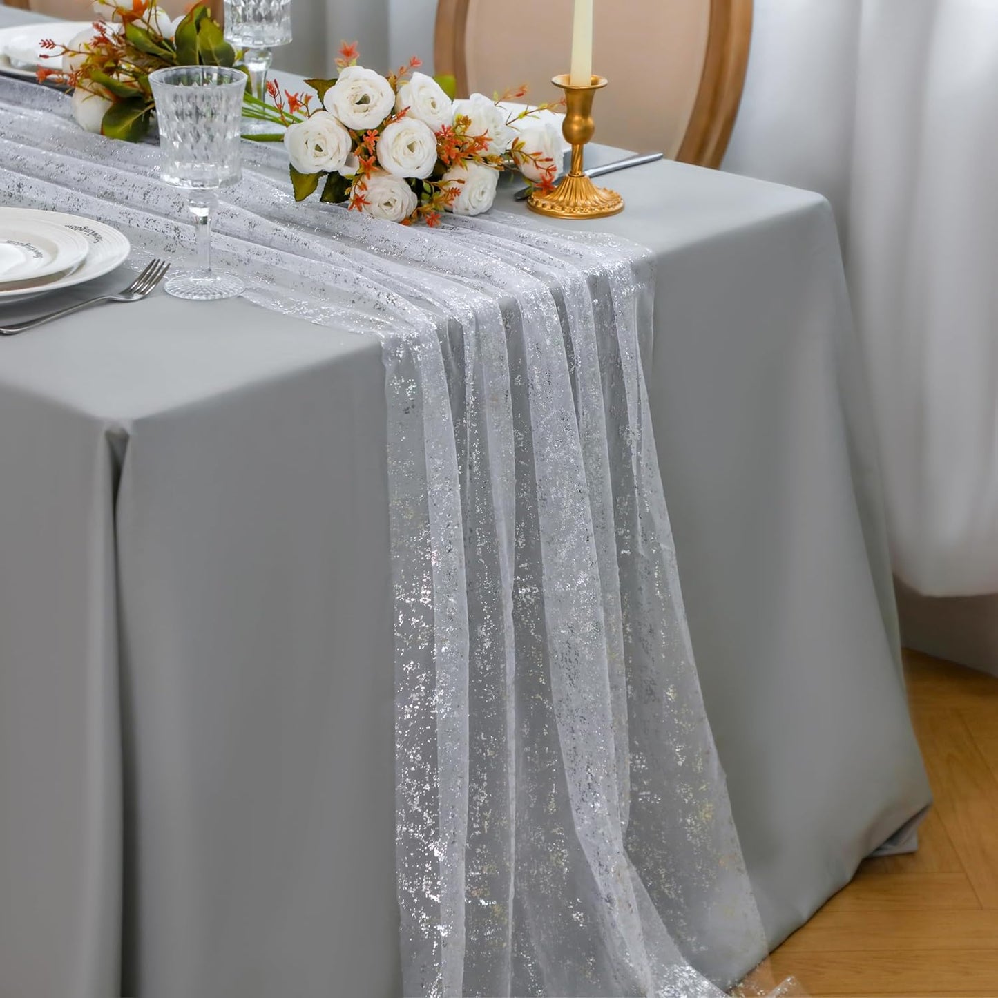 Snowkingdom 6 Pcs 10 FT Silver White Cheesecloth Table Runner Sheer Chiffon Gauze Runner, Sequin Glitter Silver Table Decoration Centerpieces for Wedding Birthday Christmas Bridal Baby Shower