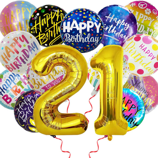 50 Pcs Happy Birthday Party Aluminum Foil Balloons and 21th Birthday Balloons, 18 Inch Round Aluminum Foil Balloon with" Happy Birthday" Sign, Birthday Party Decorations for Boys/Girls (Yellow, 21)